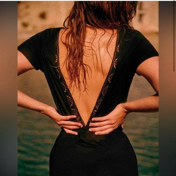 Sezane Lucille Dress Open Back Lace Black Midi Dress - Picture 3 of 16